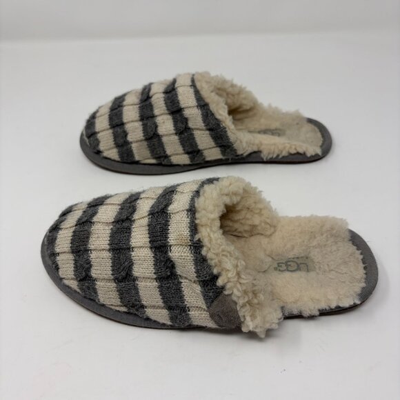 UGG Striped Knit Sweater Slipper • Women’s Size 6 • Gray/Ivory Sheepskin Insole - Picture 3 of 10